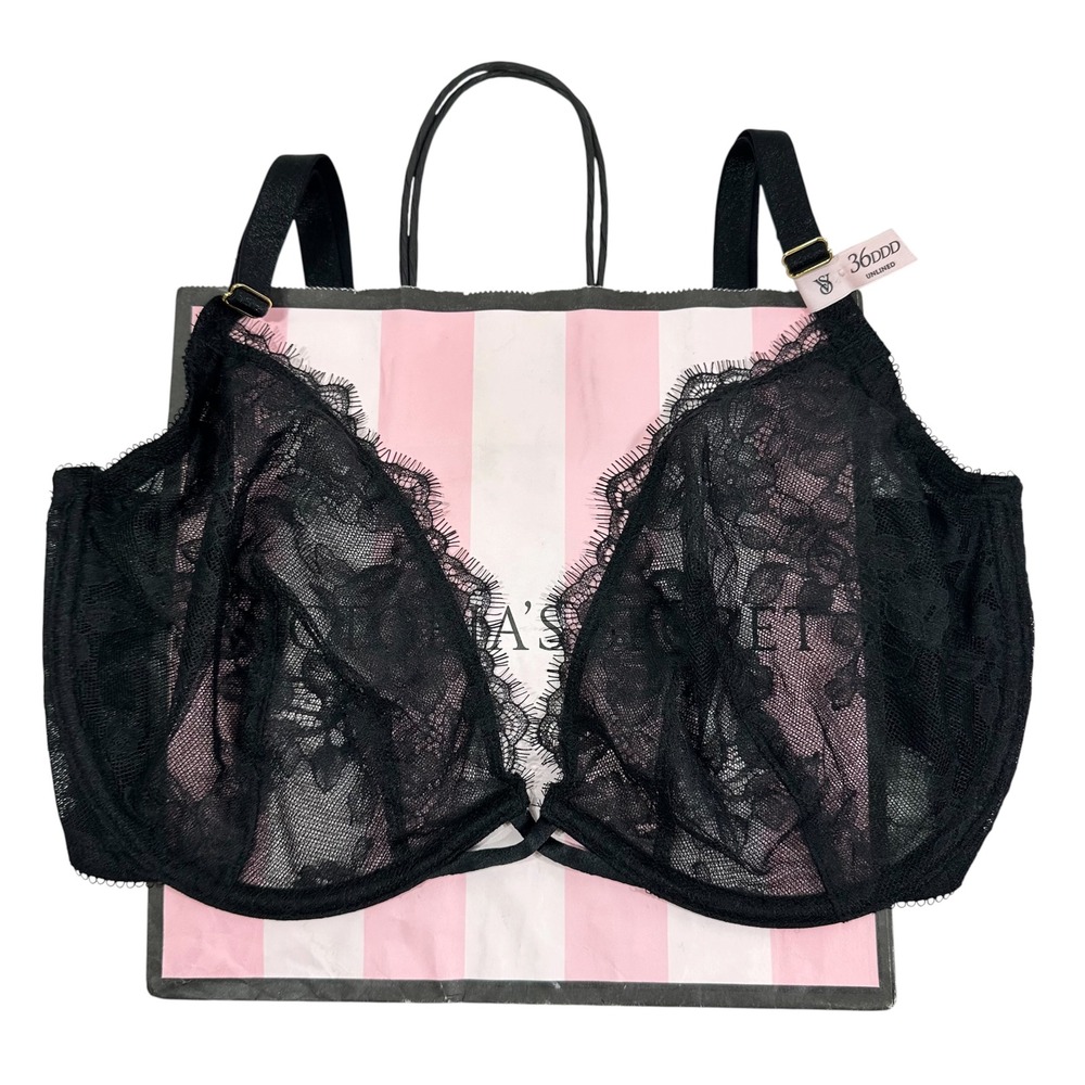 Victoria's Secret Very Sexy Black Floral Eyelash Lace Unlined Demi Bra 36DDD